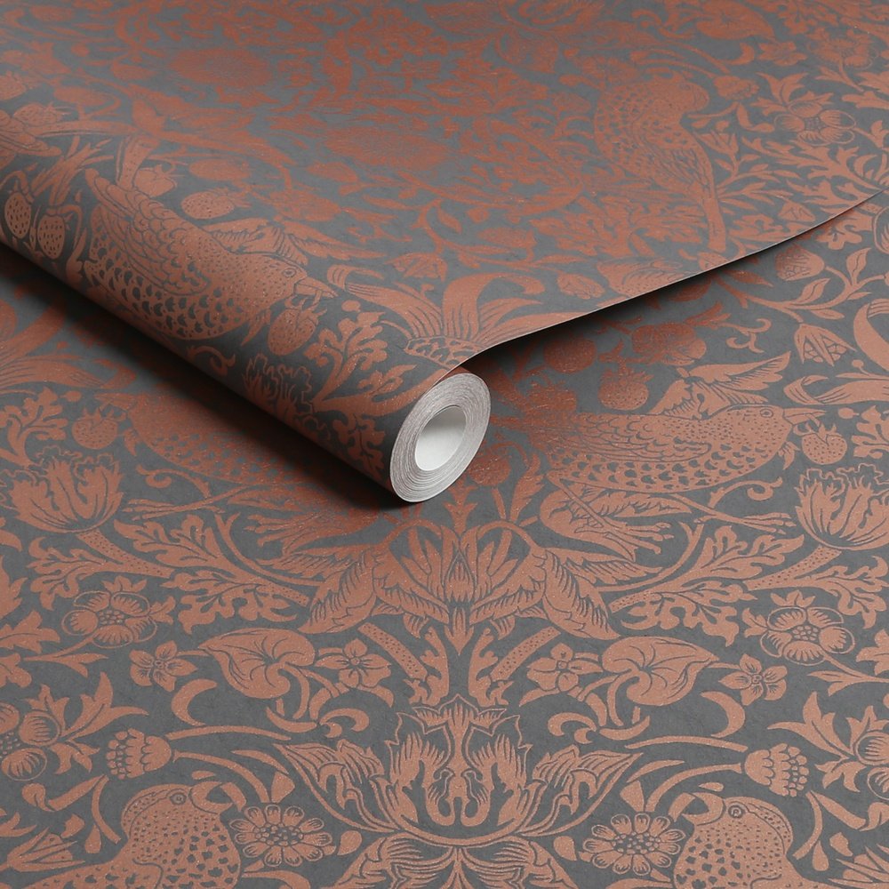 William Morris At Home Strawberry Thief Fibrous Charcoal Wallpaper