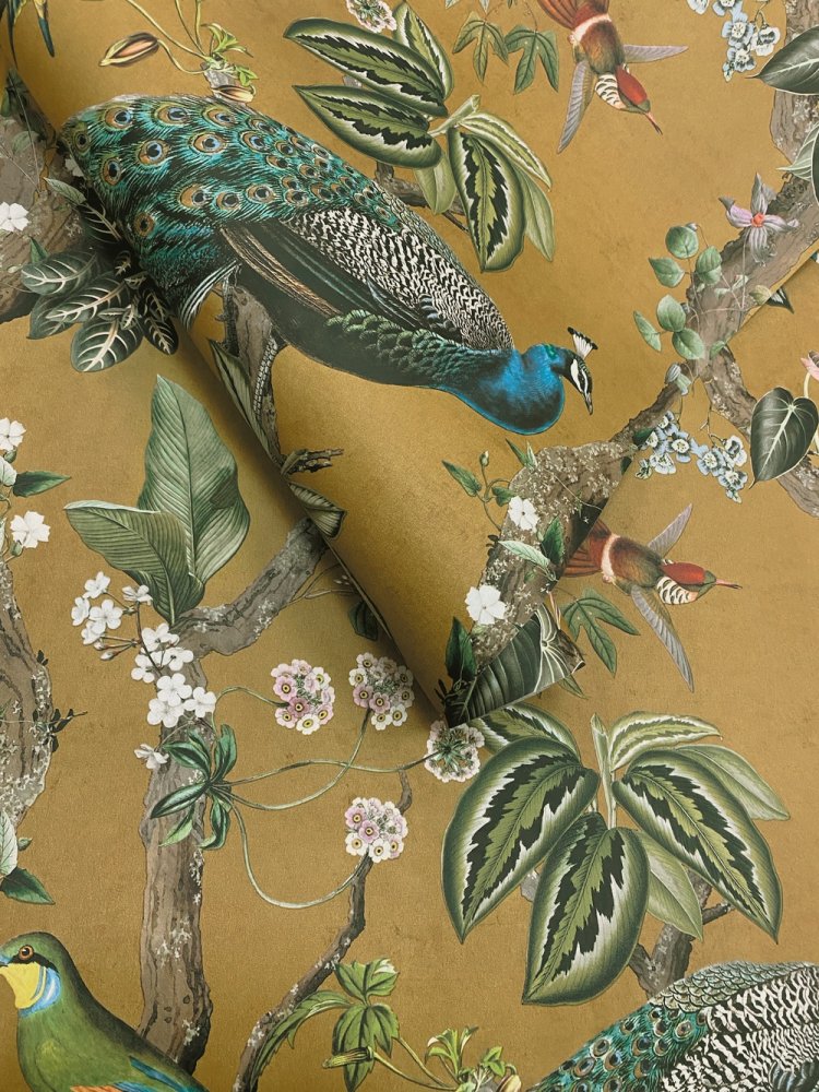 Holden Decor Peacock Cassia Ochre Wallpaper