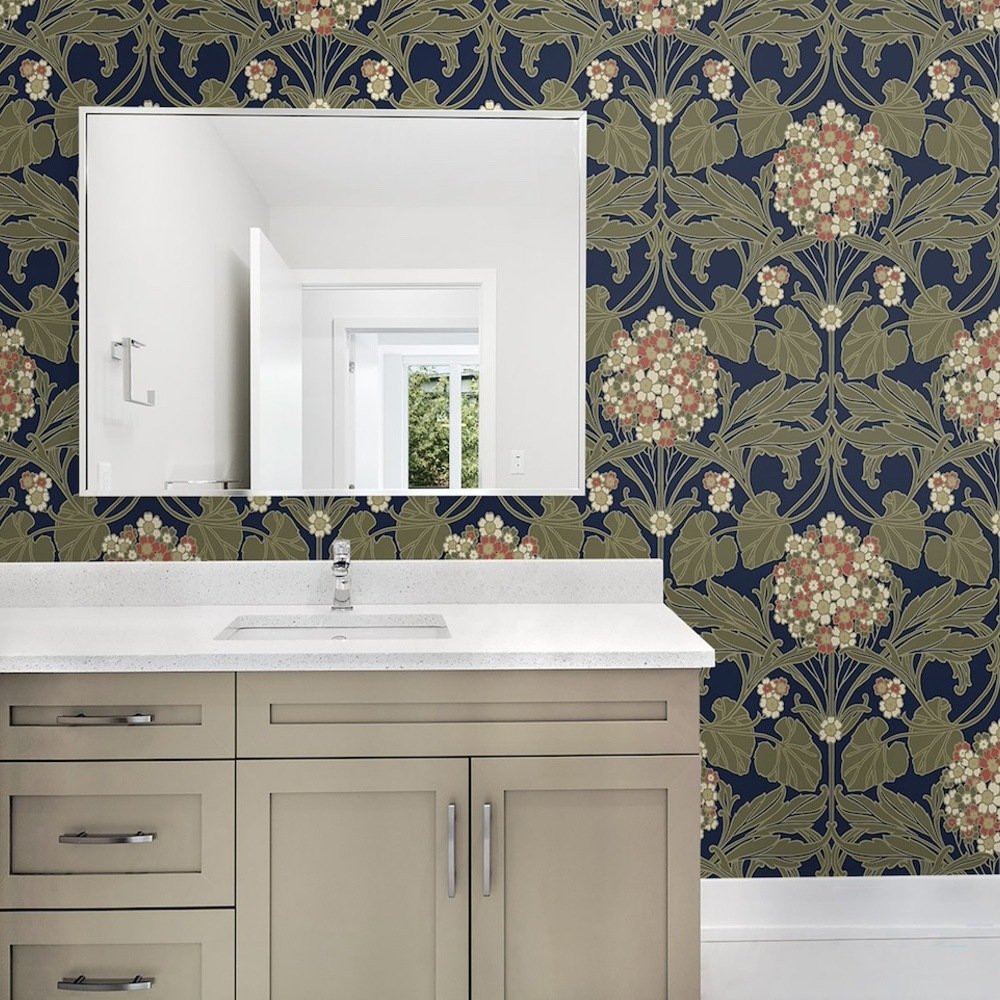 Galerie Floral Hydrangea Nave/Olive/White/Red Wallpaper