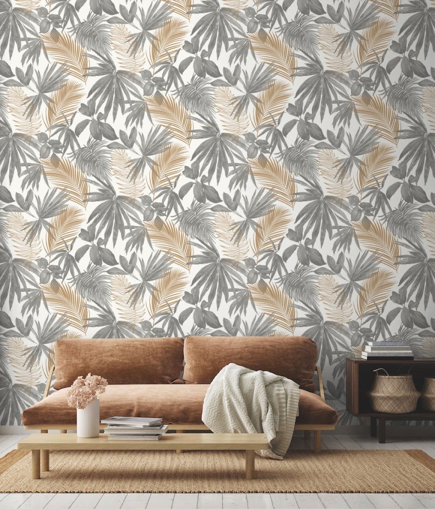 Grandeco Wild Palms Grey Wallpaper