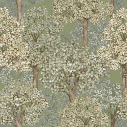 Green wallpaper with detailed tree illustrations from Galerie