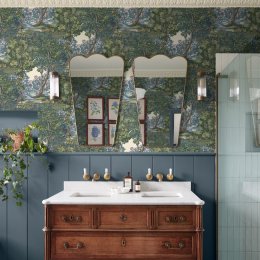 Bodenham Heritage Green wallpaper featuring a woodland scene with rich green and blue tones.