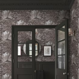 Bodenham Etching Charcoal wallpaper featuring a scenic woodland design in charcoal and grey tones.