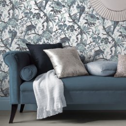 Perrow Ink Wallpaper with a detailed botanical and bird print in deep blue tones