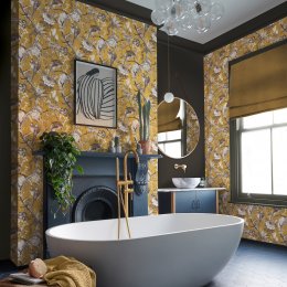 Perrow Yellow Wallpaper featuring botanical and bird illustrations on a mustard backdrop