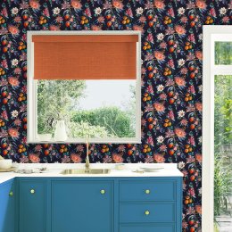 Physic Garden Navy Wallpaper roll shot featuring vibrant botanical florals on a dark background