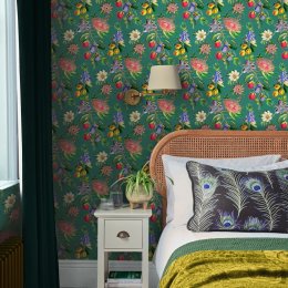 Physic Garden Teal Wallpaper with vibrant floral and botanical illustrations on a deep teal background