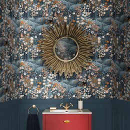 Glenwhan Wildflower Midnight Wallpaper featuring a dark botanical meadow with soft blue and amber flowers