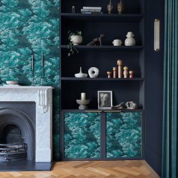 Bobart's Garden Midnight Wallpaper featuring a vintage forest landscape in deep teal and midnight blue