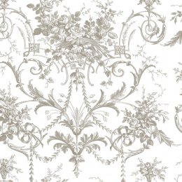 Laura Ashley Tuileries Dark Dove Grey Wallpaper with intricate damask and floral garlands on a crisp white background