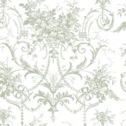 Laura Ashley Tuileries Sage Green Wallpaper with a delicate damask design featuring floral garlands and acanthus scrolls