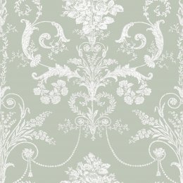 Laura Ashley Josette Sage Green Wallpaper featuring an elegant damask pattern with floral swags and intricate detailing on a soft green backdrop