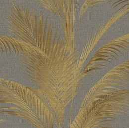 Metallic gold palm leaf wallpaper with a textured grey background by Michalsky.