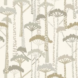 Unify Natural and Gold Wallpaper featuring abstract tree silhouettes in warm gold, taupe, and grey tones