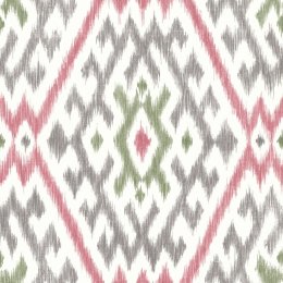 A Street Prints Solola Pink & Grey Wallpaper with an ikat-inspired diamond pattern in blush pink, sage green, and grey on an off-white background