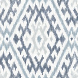 A Street Prints Solola Blue Wallpaper featuring a bold ikat-inspired diamond pattern in deep navy and sky blue on an off-white background