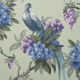 Crown Golden Pheasant Sage Wallpaper with a golden pheasant and blue and purple flowers on a sage background