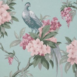 Crown Golden Pheasant Duck Egg/Pink Wallpaper with a golden pheasant and pink blossoms on a duck egg blue background