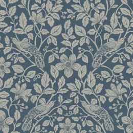 Crown Marlow Blue Wallpaper with detailed birds and foliage pattern