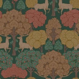 Crown Forest of Arden Green Wallpaper featuring stags and autumnal trees in green, yellow, and red