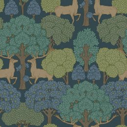 Crown Forest of Arden Blue Wallpaper featuring stags and trees in shades of blue and green