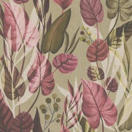 Botanical wallpaper with green and mulberry tones