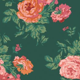 Archive Rose Blue & Pink wallpaper swatch with vintage roses and teal-toned foliage on a cream background.