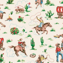 Cowgirls Multi wallpaper with hand-painted cowgirls and western scenes on a cream background