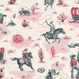 Cowgirls Pink wallpaper with hand-painted cowgirls and western scenes on a cream background