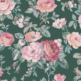 Garden Rose Autumn wallpaper swatch with vintage pink roses and green leaves.