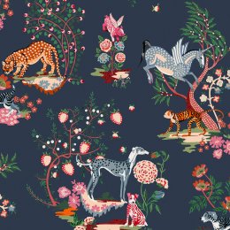 Painted Kingdom Navy wallpaper featuring hand-painted animals and mythical creatures on a navy blue background