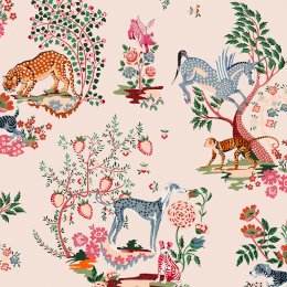 Painted Kingdom Pink wallpaper featuring whimsical animals and mythical creatures on a baby pink background