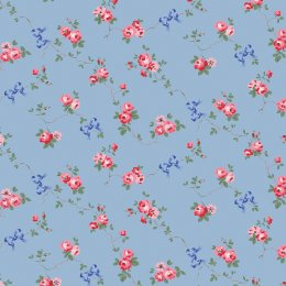 Rose & Bows Blue wallpaper with coral pink and cranberry red roses on a sky blue background