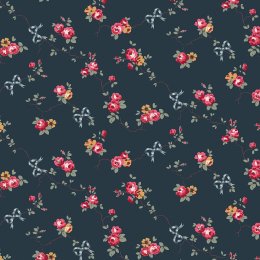 Rose & Bows Navy wallpaper with mustard yellow, coral pink, and cranberry red roses on a navy background