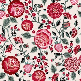 Strawberry Garden Rose wallpaper swatch with pink strawberries and red roses on a baby pink background.