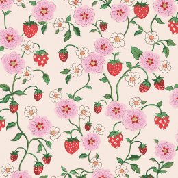 Strawberry Spring wallpaper with vintage red strawberries and pink flowers on a cream background