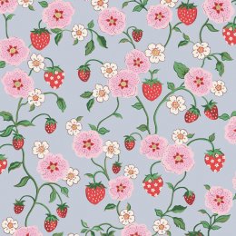 Strawberry Summer wallpaper with vintage red strawberries and pink flowers on a baby blue background