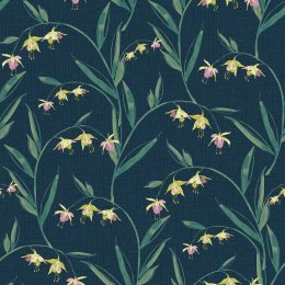 Laura Ashley Fulwell Fuchia Midnight Seaspray Wallpaper with fuchsia flowers on a midnight blue background.