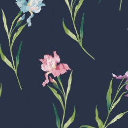 Elevate your space with Laura Ashley Hawling Irises Midnight Seaspray Wallpaper, featuring vibrant floral designs on a rich navy background, perfect for a stylish modern look.