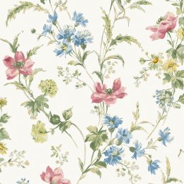 Vibrant floral Laura Ashley Poppy Meadow Multi Wallpaper with colourful flowers on a light background.