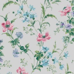 Floral design wallpaper with pink, blue, and purple poppies on a pale violet background.