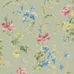 Laura Ashley Poppy Meadow Sage Green floral wallpaper.