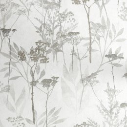 Soft taupe and metallic gold floral wallpaper on a neutral textured background.