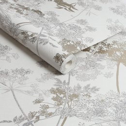 Meadow Grey wallpaper in grey and gold on a white background.