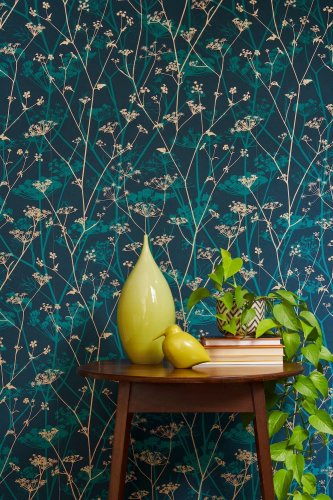 Clarissa Hulse Summer Wild Chervil Kingfisher & Gold Wallpaper Room