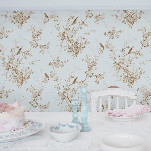 Rachel Ashwell Bird Chinoiserie Blue Gold Wallpaper Room