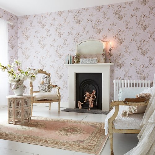 Rachel Ashwell Bird Chinoiserie Pink Gold Wallpaper Room