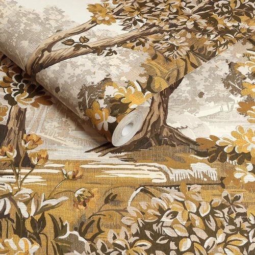 Golden autumn forest wallpaper roll shot with vintage-inspired scenic detailing