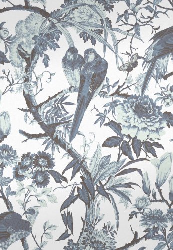 Navy blue and white vintage-style wallpaper with exotic birds and foliage