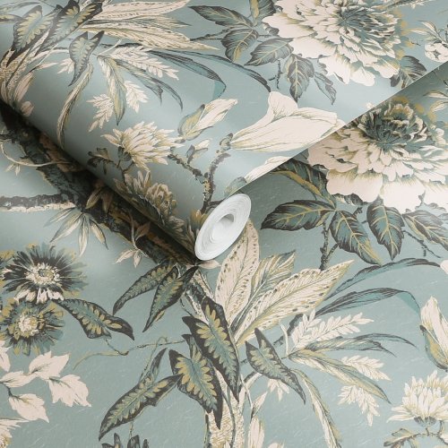 Close-up of Perrow Duck Egg Wallpaper with vintage-style birds and floral detailing